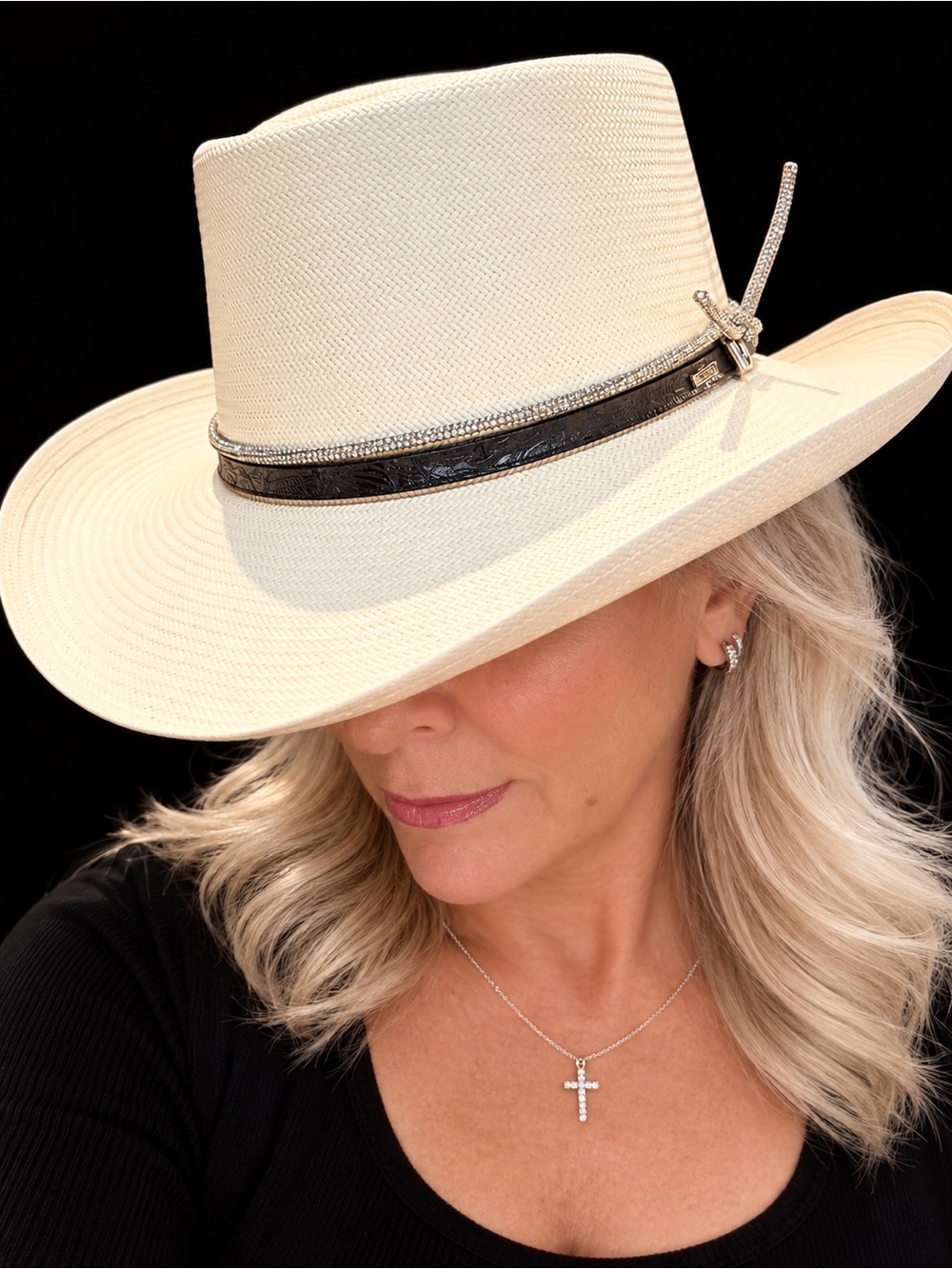 Women's Cream Resistol Straw Western Hat with Black Band